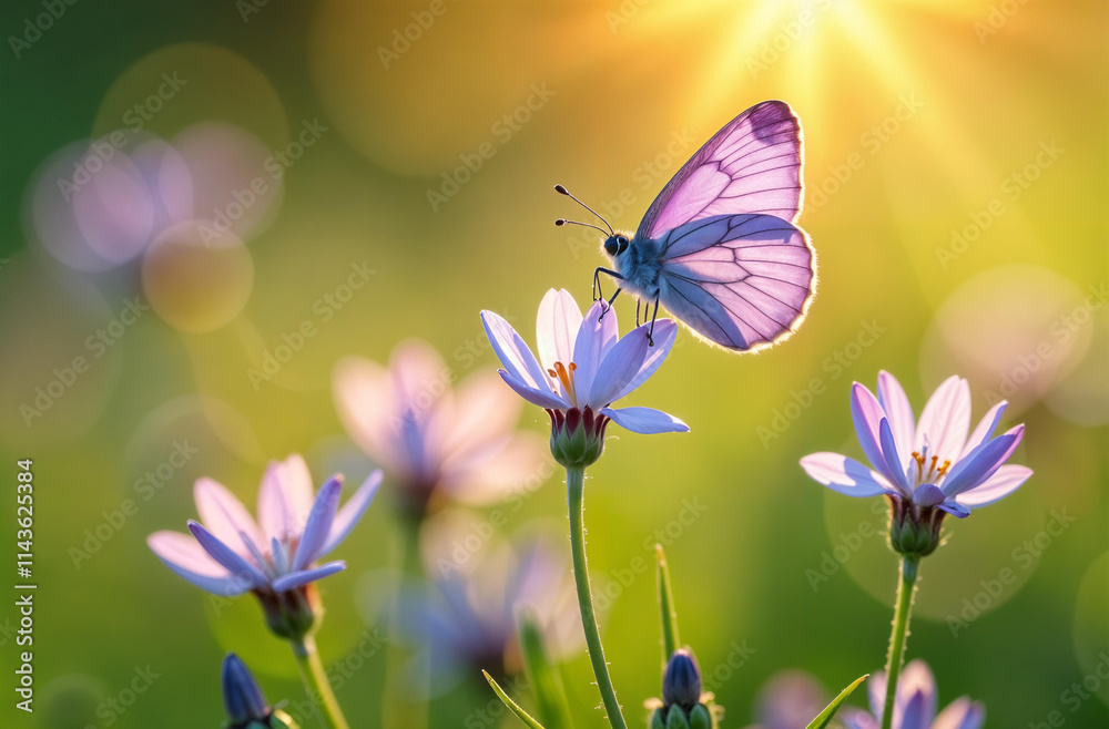 A butterfly rests on a vibrant flower, sparkling in the warm sunlight of a tranquil garden full of beauty. Hello spring.