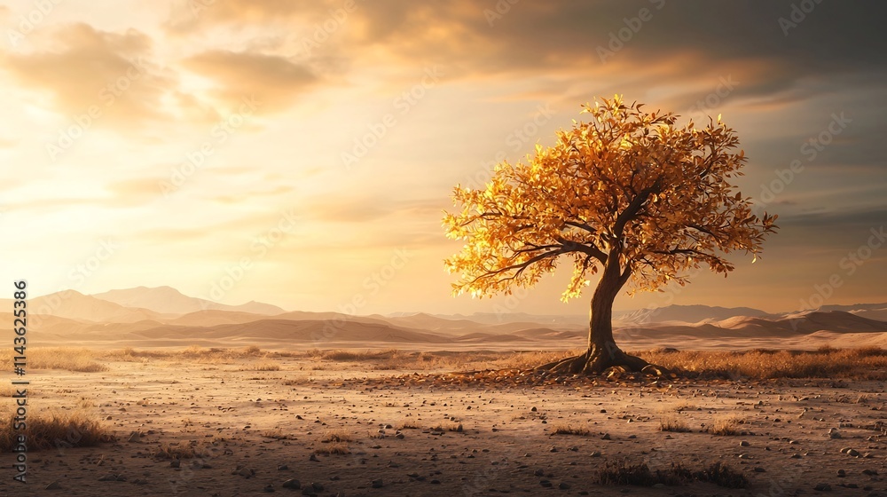 A majestic tree with golden leaves glowing softly in the middle of a harsh barren desert landscape A majestic tree with golden leaves glowing softly in the middle of a harsh barren desert landscape