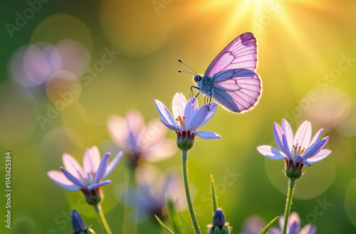 Obraz na płótnie A butterfly rests on a vibrant flower, sparkling in the warm sunlight of a tranquil garden full of beauty. Hello spring. w salonie