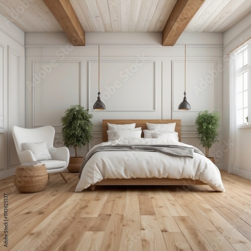 Modern Minimalist Bedroom With Wooden Beams And White Walls photo