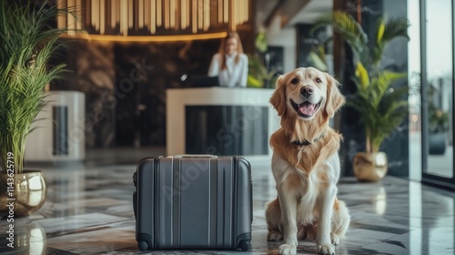 A stylish hotel lobby with a smiling dog sitting beside a suitcase on marble floors and a friendly receptionist in the background. photo