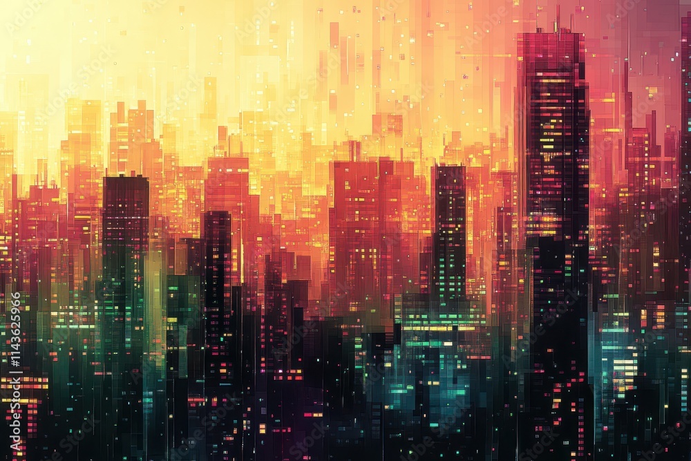 Cityscape at Dusk with Pixelated Skyscrapers and Glowing Windows Cityscape at Dusk with Pixelated Skyscrapers and Glowing Windows