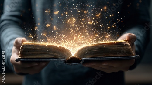 A person holding a glowing book as golden light and mystical symbols rise from its pages symbolizing the and enlightenment that can come from the pursuit of knowledge and understanding
