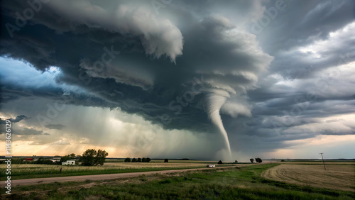 Dramatic cloud tornado funnel touching the ground during an intense storm, showcasing nature's raw power and perfect for weather-themed visuals and education photo