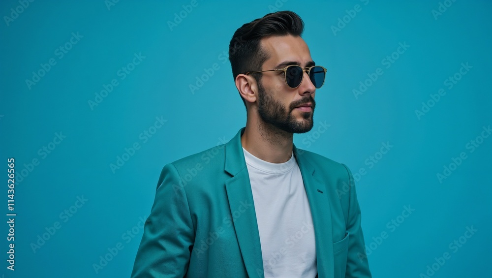 Modern businessman in teal blazer with sunglasses against matching background with minimal style Modern businessman in teal blazer with sunglasses against matching background with minimal style