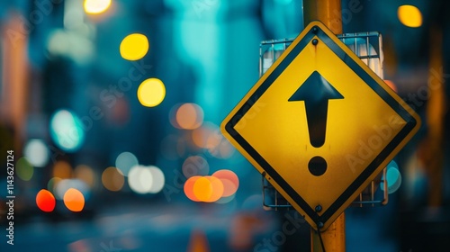 Yellow triangle traffic sign with black exclamation mark symbolizing police warning, clear and sharp with ample copy space for text or design.
