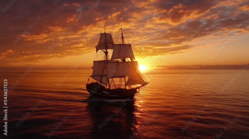 Obraz premium Majestic sailing ship gliding across calm waters at sunset with vibrant sky colors