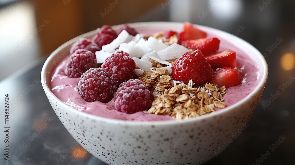A fresh fruit smoothie bowl, topped with granola and coconut shavings A fresh fruit smoothie bowl, topped with granola and coconut shavings
