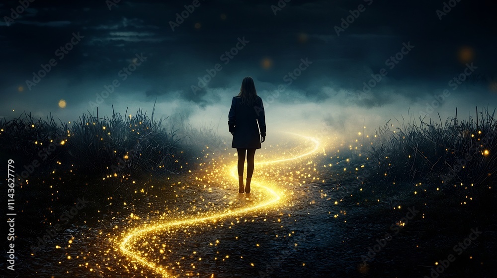 A person standing at a fork in a glowing golden path with faint trails branching in different directions symbolizing the concept of decision making planning A person standing at a fork in a glowing golden path with faint trails branching in different directions symbolizing the concept of decision making planning