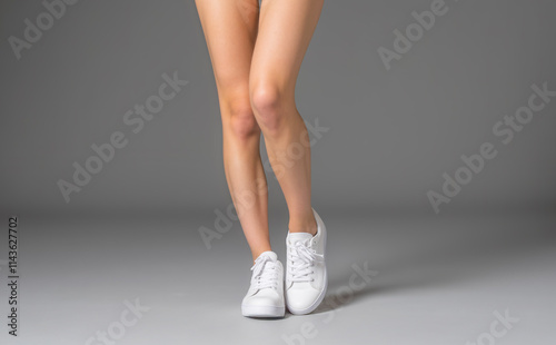 Walking slim fit legs in white sneakers, close-up view of lower body, casual footwear, athletic shoes, healthy lifestyle, fitness, exercise, active movement, on grey background photo