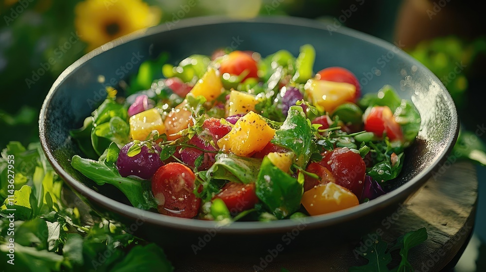 A fresh garden salad with colorful vegetables, drizzled with vinaigrette A fresh garden salad with colorful vegetables, drizzled with vinaigrette