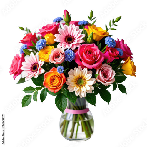 Delicate bouquet of velvety roses in a stunning transparent glass vase, wrapped with a soft pink ribbon, amidst lush greenery on a sleek black background