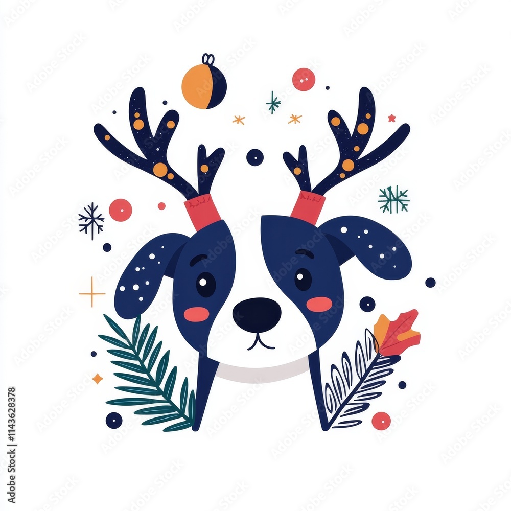 Fototapeta premium Christmas animal in flat design theme. Playful illustration of a dog with antlers surrounded by festive elements and colorful decorations on white background.