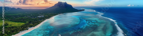 A panoramic shot of the beautiful coastline of Mauritius, with endless stretches of blue sea and coral reefs, lush forests, and mountains.