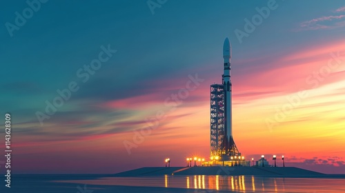 Dramatic sunset view of a rocket on the launch pad ready for takeoff at a space launch facility
