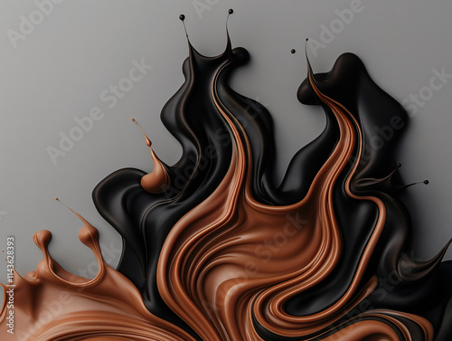 Rich brown and black melted chocolate flows effortlessly, forming sculptural shapes that evoke a sense of movement and creativity against a muted grey backdrop photo