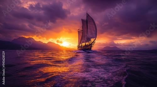 Majestic ship encounters fierce waves at sunset amidst dark clouds and distant mountains photo