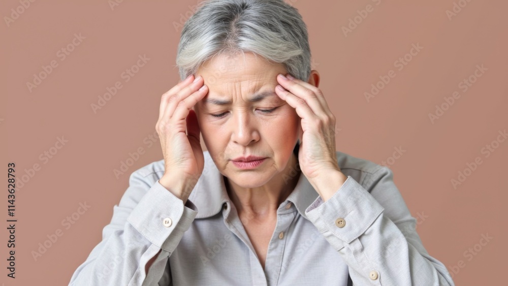Elderly Woman Experiencing Stress Symptoms, Holding Temples in Distress, Symbolizing the Struggles of Aging and Emotional Turmoil Elderly Woman Experiencing Stress Symptoms, Holding Temples in Distress, Symbolizing the Struggles of Aging and Emotional Turmoil