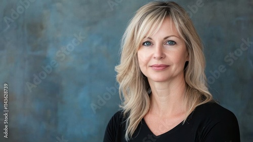 Portrait of a woman with blonde hair against a muted blue distressed paper background highlighting natural beauty