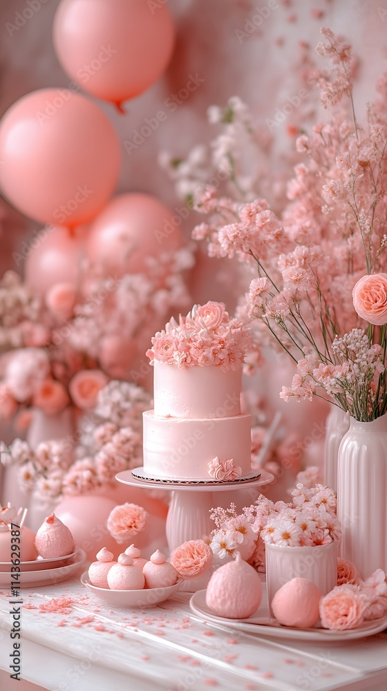 Fototapeta premium Pastel pink wedding cake with flowers and macarons.