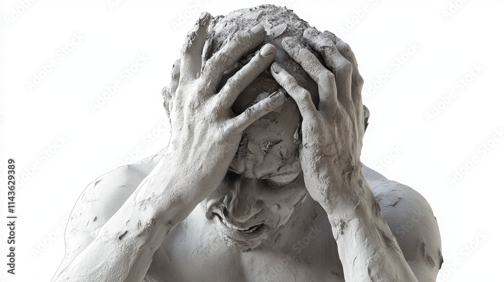 Desperate Man in Clay, Head in Hands, Anguish, White Background Desperate Man in Clay, Head in Hands, Anguish, White Background