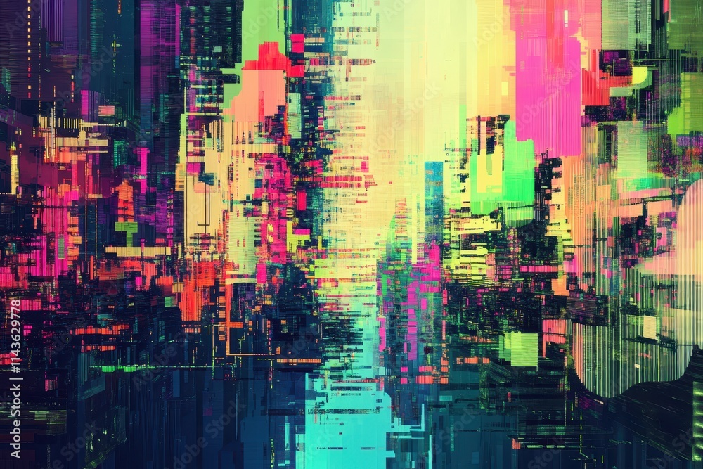 Abstract Cityscape with Glitch Art and Vibrant Colors Abstract Cityscape with Glitch Art and Vibrant Colors