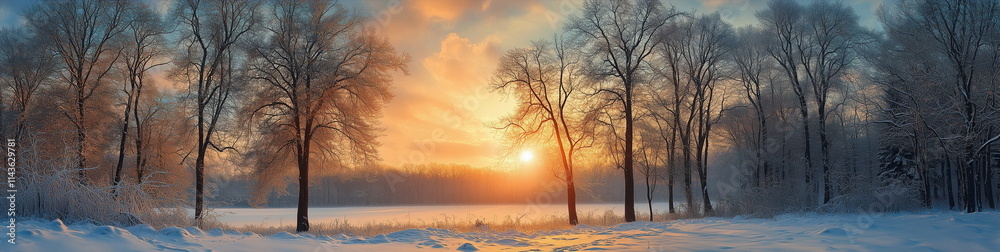 A beautiful winter landscape with a lake in a snowy forest and a red sunset sky. winter season sunset or sunrise panorama. A beautiful winter landscape with a lake in a snowy forest and a red sunset sky. winter season sunset or sunrise panorama.