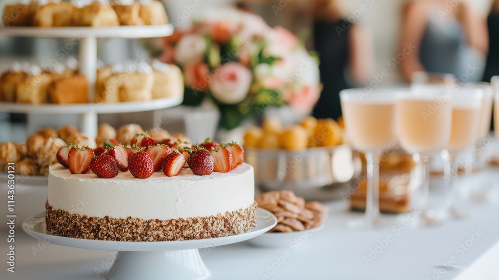 Naklejka premium A beautifully arranged dessert table featuring a creamy cake topped with strawberries, assorted pastries, and elegant drinks, perfect for celebrations.