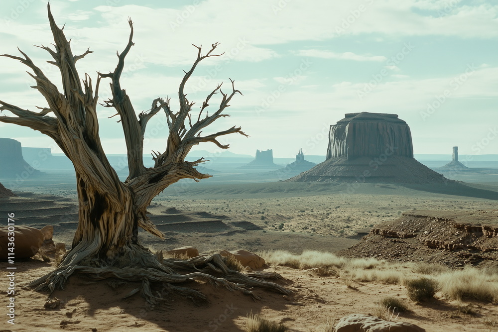A single dead tree standing against a vast desert. A scene from a western movie. A desolate natural landscape. A single dead tree standing against a vast desert. A scene from a western movie. A desolate natural landscape.