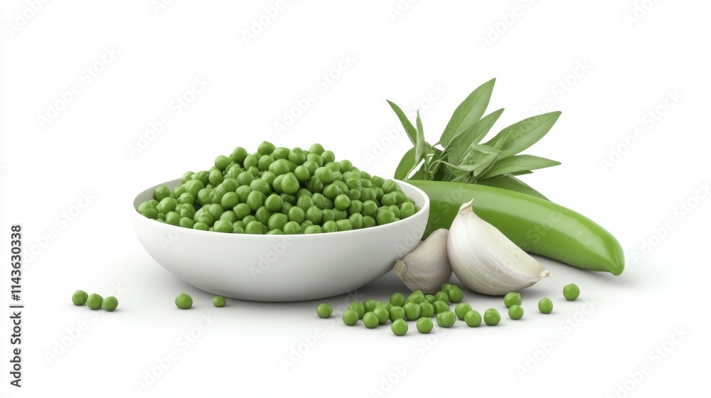 Fresh Green Peas, Garlic, and Chili Pepper in Bowl - 3D Render Fresh Green Peas, Garlic, and Chili Pepper in Bowl - 3D Render