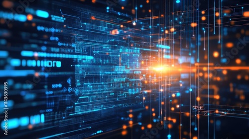 Digital Matrix: Abstract technological background with glowing blue and orange digital data streams, lines, and code. Perfect for illustrating concepts of big data, artificial intelligence.