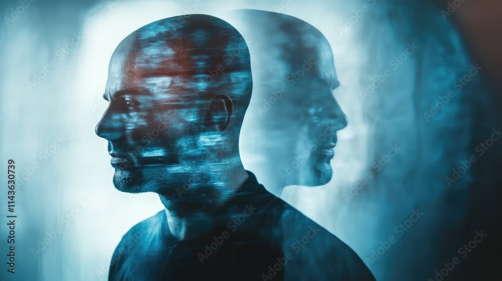 Obraz premium Dual Identity: A man's profile is overlaid with a ghostly double, creating an ethereal image of duality, mystery, and inner conflict. The cool blue tones enhance the enigmatic mood. 