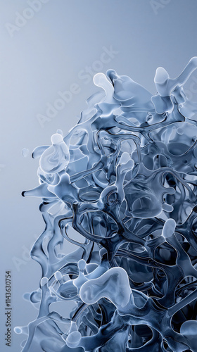 An abstract water sculpture captures the beauty of transparent liquid frozen in motion, forming complex shapes and ethereal blue hues that create a captivating visual experience