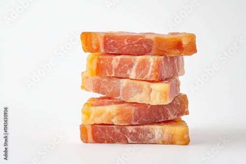 multiple crispy bacon strips stacked aesthetically isolated on white background