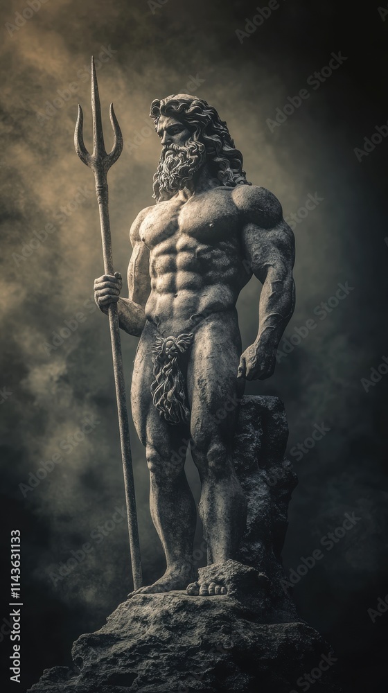 Ancient statue of Poseidon standing majestically with trident amidst dramatic lighting and shadows Ancient statue of Poseidon standing majestically with trident amidst dramatic lighting and shadows
