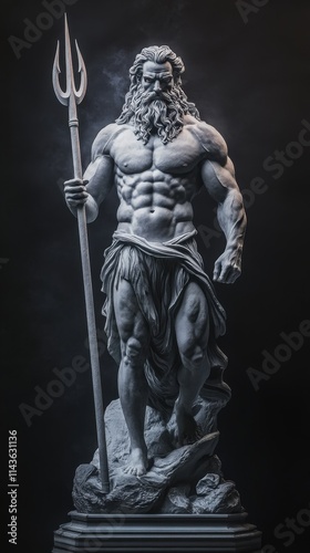 Ancient statue of Poseidon showcasing muscular physique and trident in dramatic lighting photo