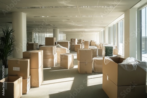 Office space filled with moving boxes photo