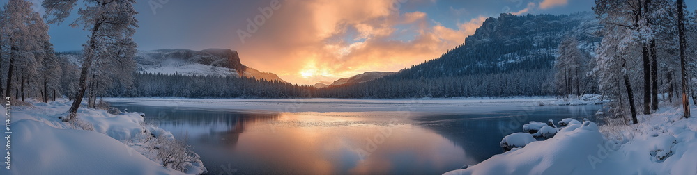 A beautiful winter landscape with a frozen lake and snow-covered forests under the red-tinted sunset sky. Sunset panorama with Half Dome in Yosemite, California. A beautiful winter landscape with a frozen lake and snow-covered forests under the red-tinted sunset sky. Sunset panorama with Half Dome in Yosemite, California.