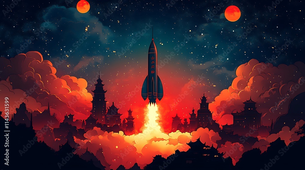 Naklejka premium Rocket Launching Into the Sky Above a Bustling City 
