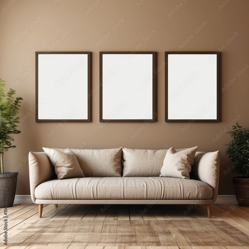 Beige Sofa and Three Blank Frames Adorn a Brown Wall Beige Sofa and Three Blank Frames Adorn a Brown Wall
