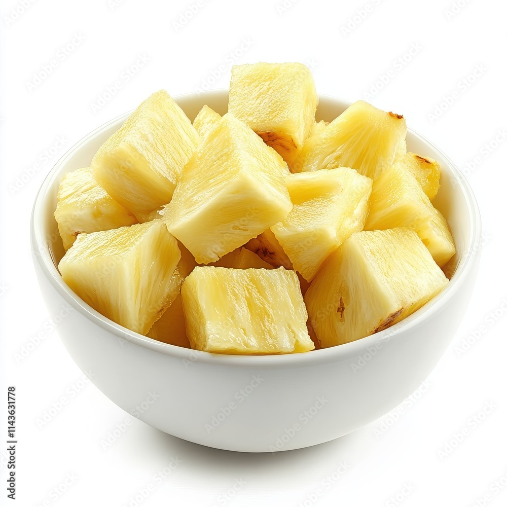Pineapple pieces in a white bowl isolated on white background Pineapple pieces in a white bowl isolated on white background