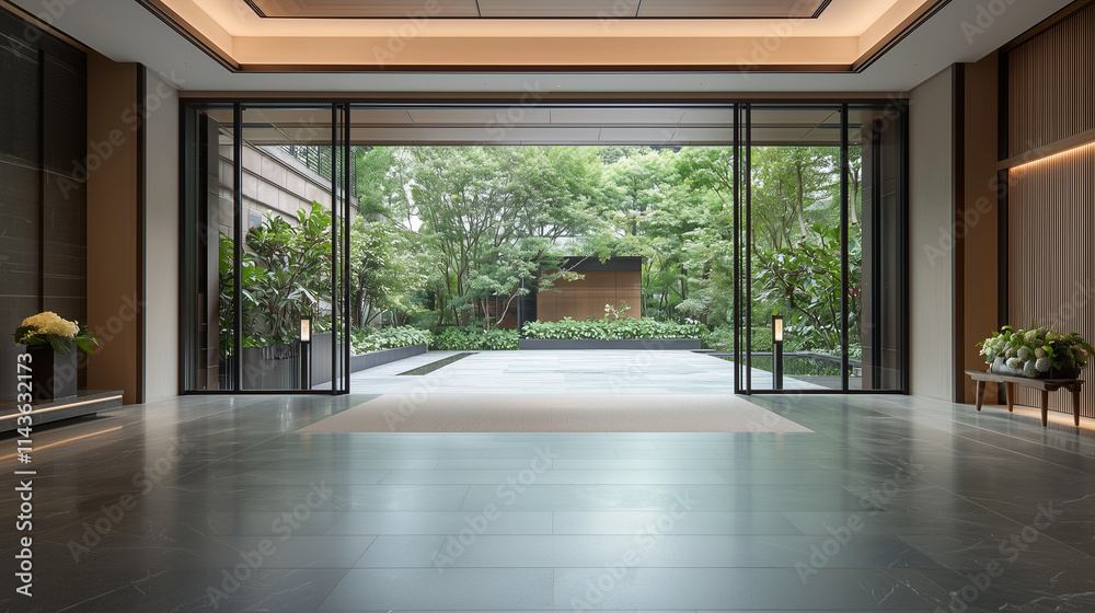 Fototapeta premium Serene Sanctuary: A captivating view through expansive glass doors reveals a lush, tranquil courtyard garden, creating a serene and inviting atmosphere within a modern building. 