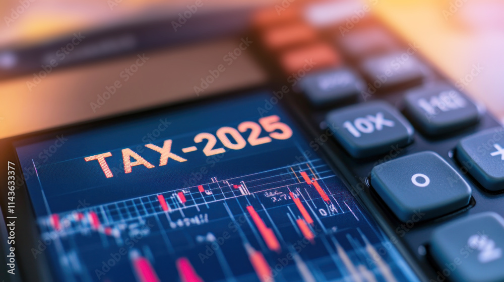 2025 Tax displayed on a calculator represents financial market data and graphs, in a close-up view. 2025 Tax displayed on a calculator represents financial market data and graphs, in a close-up view.