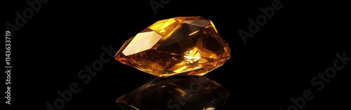 Golden yellow topaz gemstone glistening on a reflective black surface photo