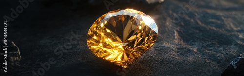Golden yellow topaz gemstone gleams brightly against a dark textured surface, showcasing its brilliance and clarity