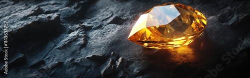 Radiant golden yellow topaz gemstone resting on textured black surface showcasing its clarity and brilliance photo