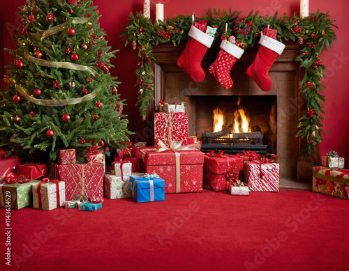 cozy room fireplace christmass tree with decorations toys 