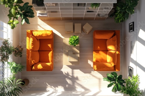 Top down view minimalist living room two orange sofas photo