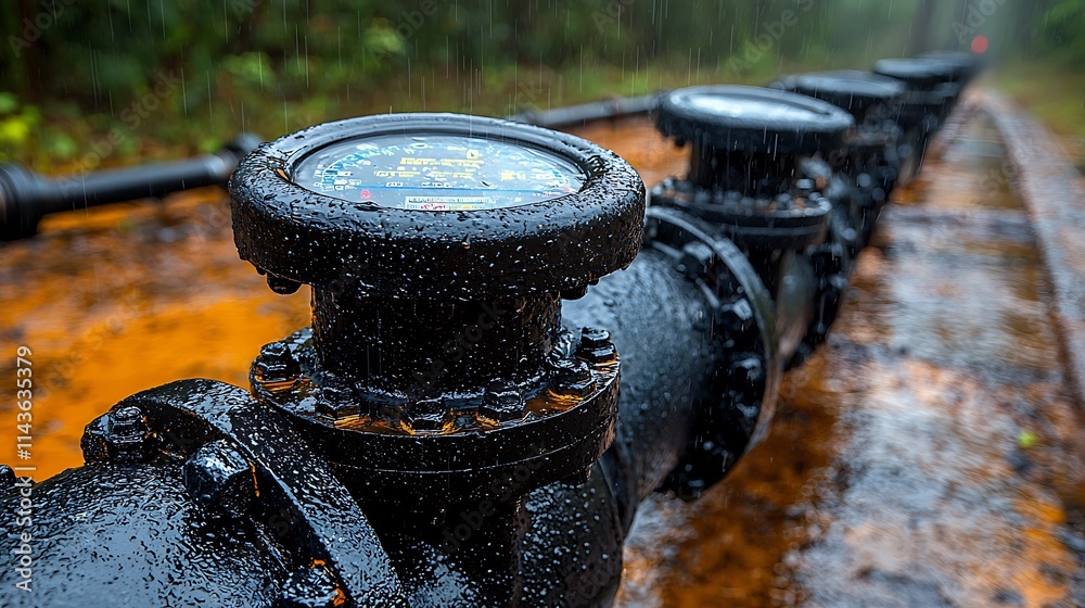Rain falls on pipeline valves with digital readouts Rain falls on pipeline valves with digital readouts