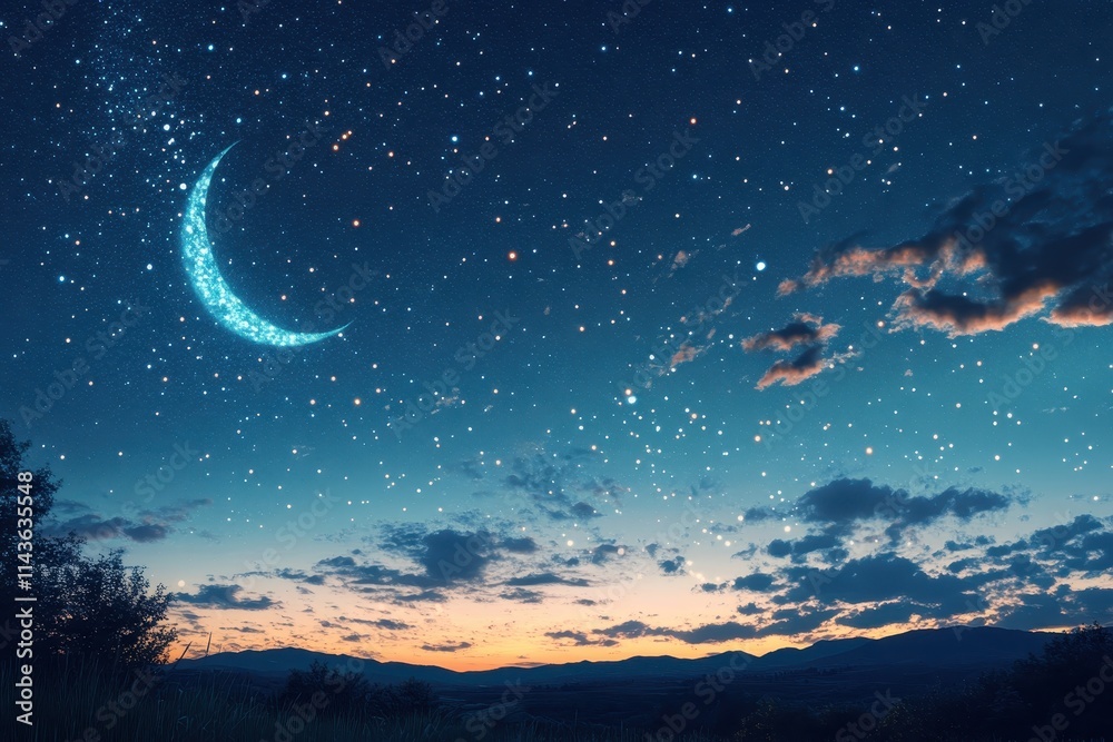 Naklejka premium A Crescent Moon, Stars, and Clouds Over a Silhouetted Mountain Range at Twilight